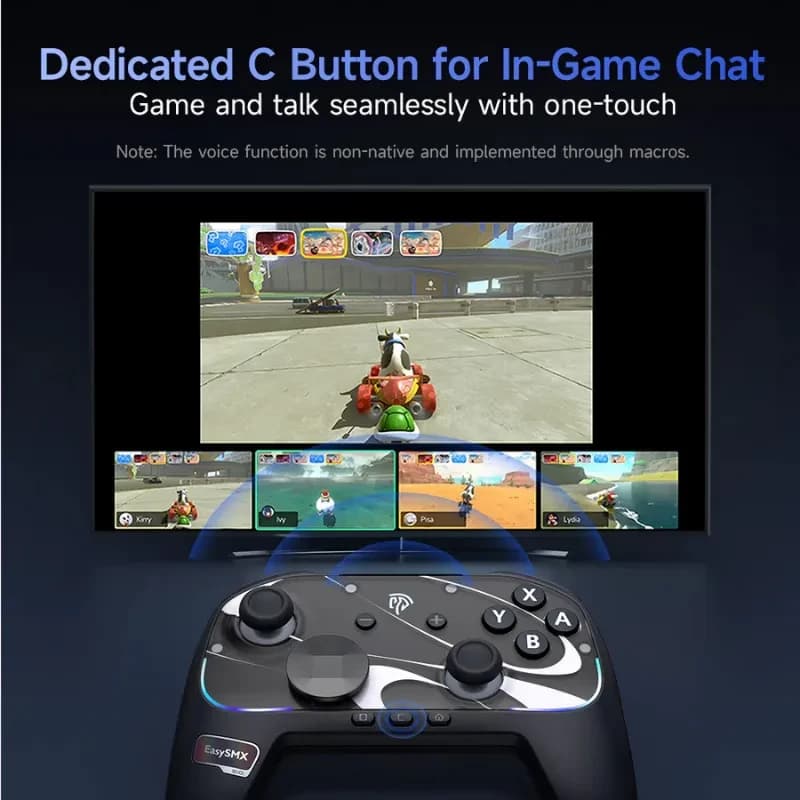 EasySMX S10 Switch Gamepad Negro con botón C dedicado, joysticks dobles, cruceta, gatillos y retroiluminación azul; ideal para chat y vibración HD