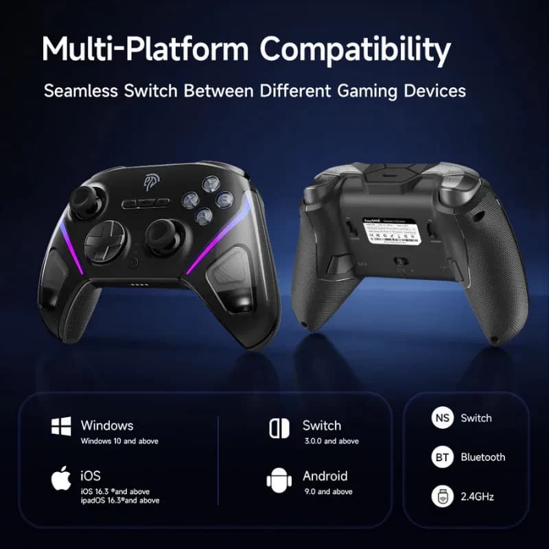 EasySMX D10 PC Violet manette avec LED violettes, sticks asymétriques, grip texturé, boutons complets, connectivité 2,4G BT et compatibilité Windows iOS