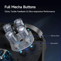 Boutons méca transparents avec tiges silicone et microswitch, retour tactile cliquable, performance ultra réactive sur base de recharge intelligente violette