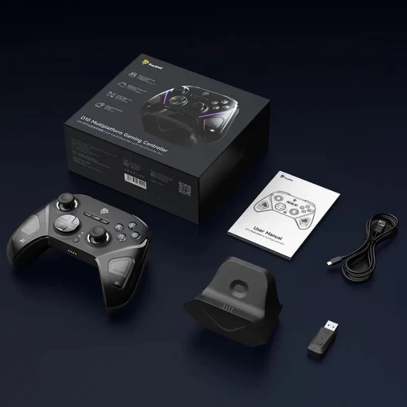 EasySMX D10 PC Noir avec base de recharge intelligente, manette noire mate avec accents LED violets, sticks asymétriques, dock compact, câble USB et dongle
