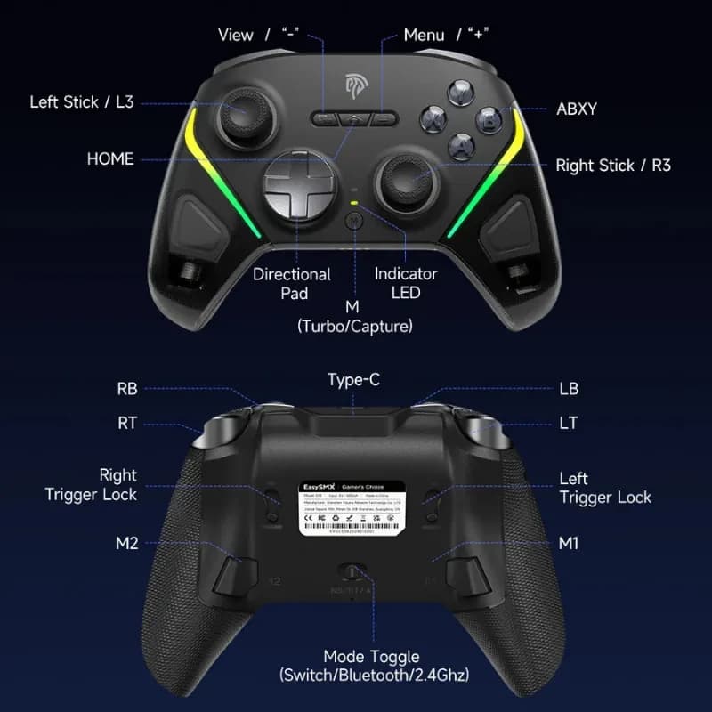 EasySMX D10 PC Noir manette noire avec LED vertes, sticks asymétriques, croix directionnelle, boutons ABXY, gâchettes avec verrous, port USB‑C et base de