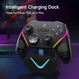 EasySMX D10 PC Noir avec base de recharge intelligente, manette noire RGB, joysticks asymétriques, croix directionnelle, boutons A B X Y, support lumineux V