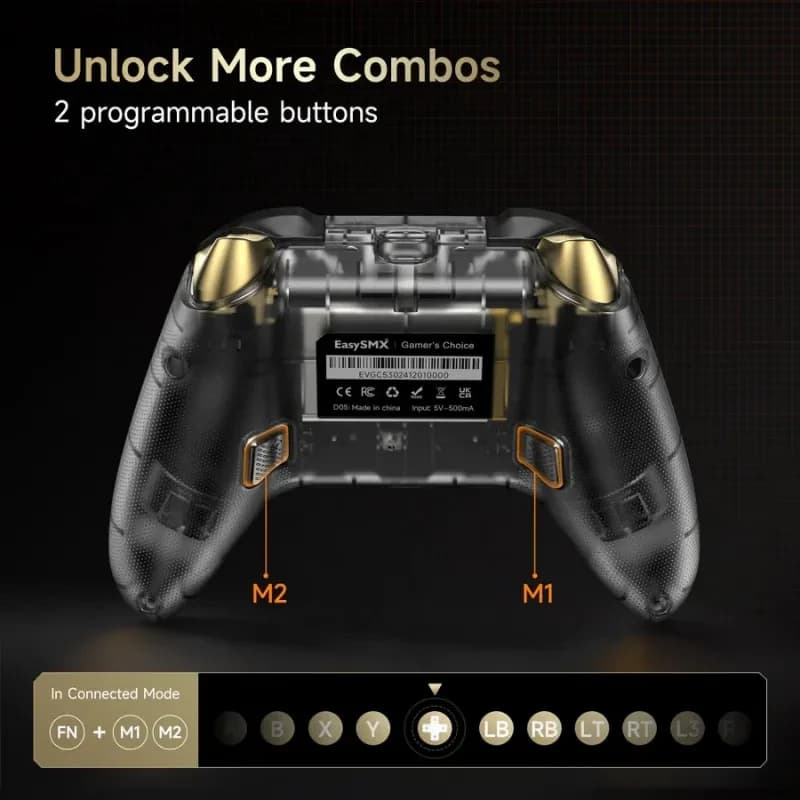 EasySMX D05 PC Noir avec 2 boutons programmables M1 M2, dos translucide, accents dorés, poignées texturées, indicateurs de touches en mode connecté