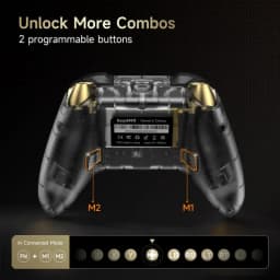 EasySMX D05 PC Noir avec 2 boutons programmables M1 M2, dos translucide, accents dorés, poignées texturées, indicateurs de touches en mode connecté