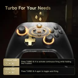EasySMX D05 PC Noir avec rétroéclairage orange, joysticks Hall, croix dorée, boutons A/B/X/Y, fonctions Turbo manuel et auto visibles sur l’interface