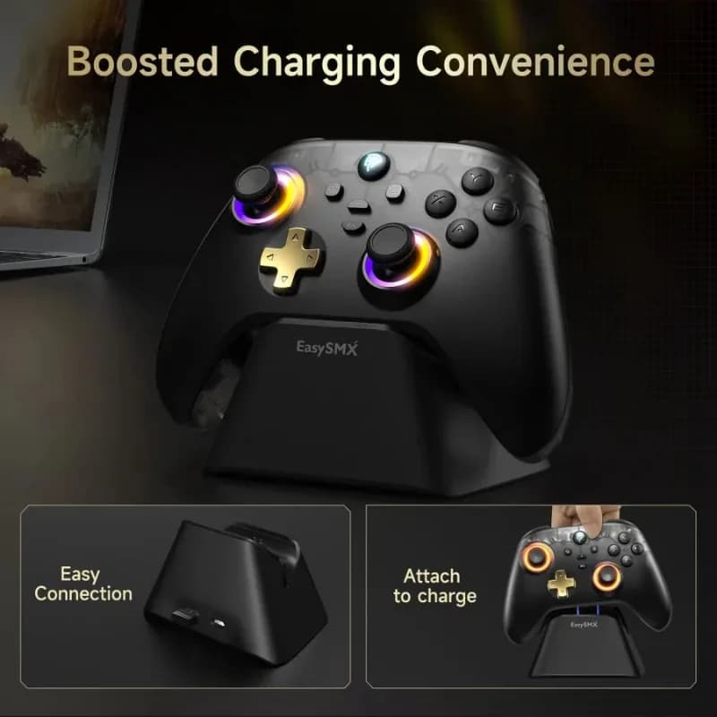 EasySMX D05 PC Noir sur socle de recharge, manette noire avec croix dorée, anneaux LED RGB, joysticks à effet Hall, port USB et USB C visibles