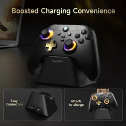EasySMX D05 PC Noir sur socle de recharge, manette noire avec croix dorée, anneaux LED RGB, joysticks à effet Hall, port USB et USB C visibles