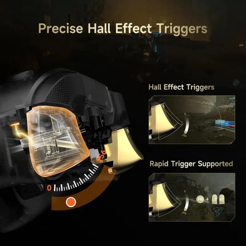 EasySMX D05 PC Noir avec gâchettes à effet Hall précises et support de déclenchement rapide, vue détaillée du mécanisme interne et indicateur d’angle