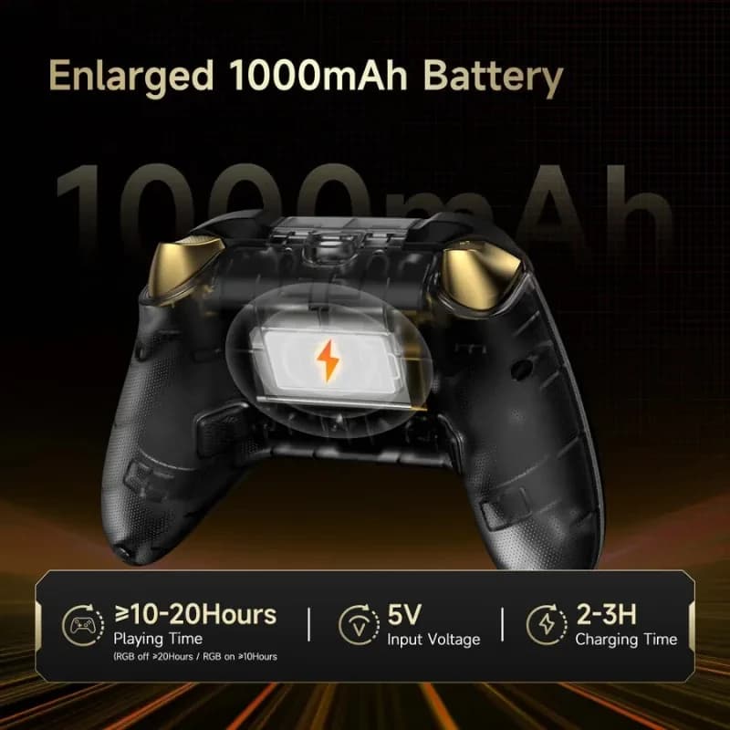 EasySMX D05 PC Noir avec coque translucide noire, accents dorés et batterie 1000 mAh mise en avant, autonomie 10–20 h, charge 5 V en 2–3 h