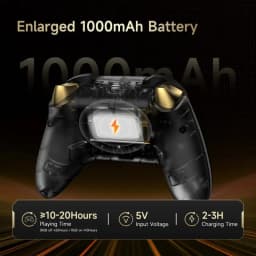 EasySMX D05 PC Noir avec coque translucide noire, accents dorés et batterie 1000 mAh mise en avant, autonomie 10–20 h, charge 5 V en 2–3 h