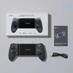 EasySMX M15 controlador móvel Bluetooth, preto fosco, layout simétrico, botões ABXY e analógicos duplos; inclui caixa, manual e cabo USB-C