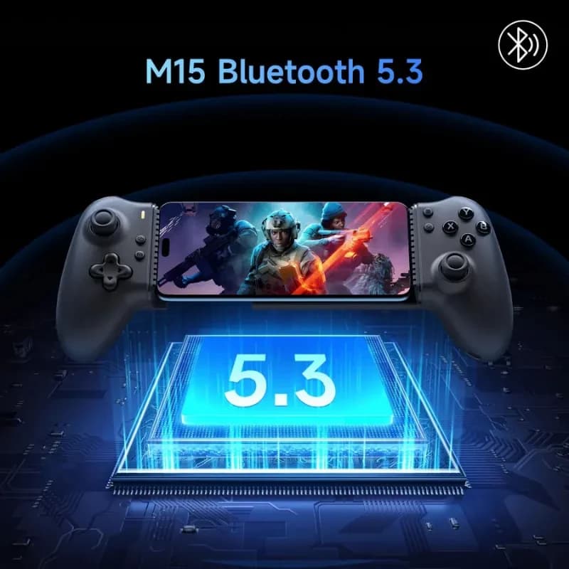 EasySMX M15 controle mobile Bluetooth 5.3 com pegada ergonômica, botões completos e suporte a smartphone; visual gamer com luz azul tecnológica