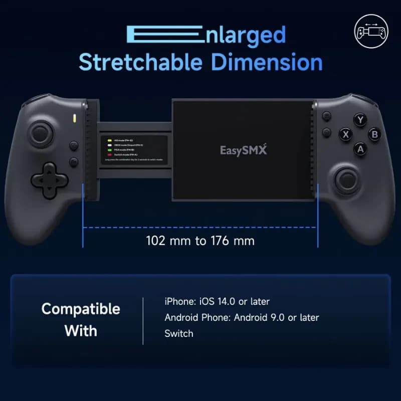 EasySMX M15 - controle móvel expansível 102–176 mm, Bluetooth, grips ergonômicos, botões ABXY e analógicos duplos; compatível iOS, Android e Switch