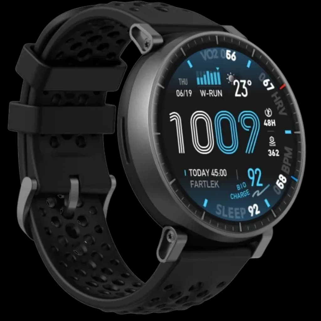 Amazfit Active Max negro con caja circular, correa perforada de silicona y pantalla AMOLED 1,5 pulgadas; esfera digital con estadísticas y autonomía larga