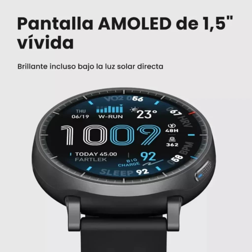 Amazfit Active Max negro con pantalla AMOLED de 1,5 pulgadas, esfera redonda, bisel robusto y correa negra; números grandes y brillo legible al sol
