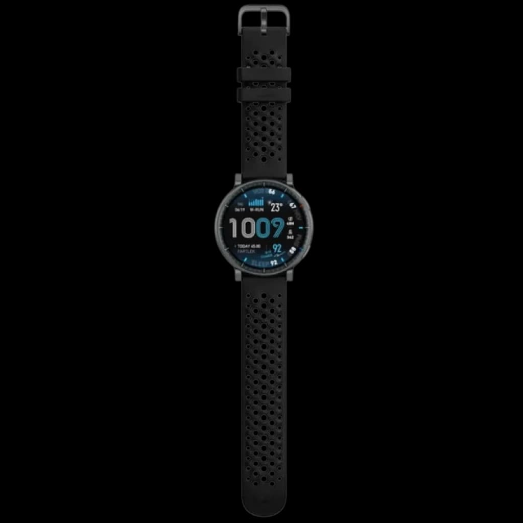 Amazfit Active Max negro con correa perforada negra y hebilla metálica, caja redonda, pantalla AMOLED 1,5 pulgadas con esfera digital azul y negra