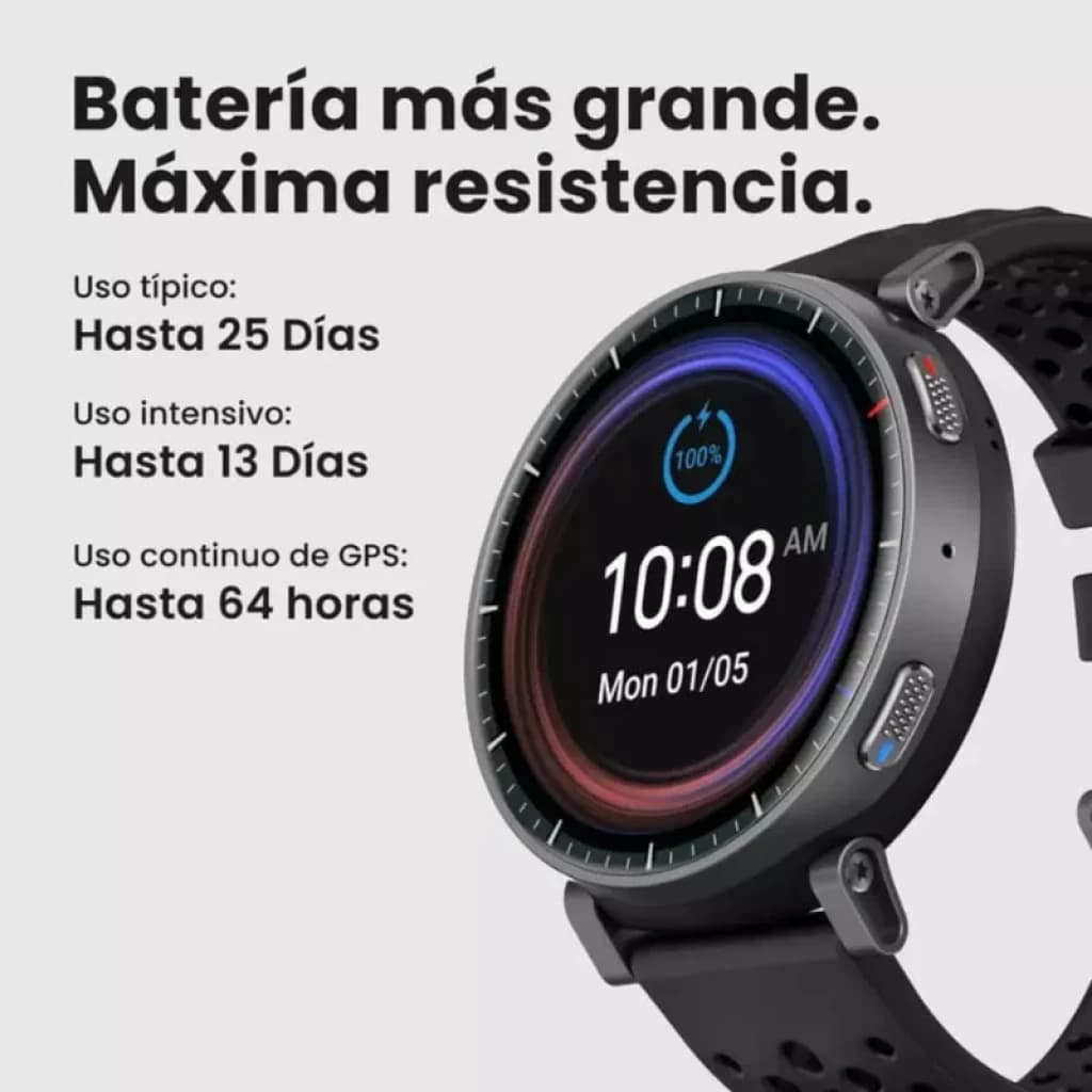 Amazfit Active Max negro con pantalla AMOLED 1.5 pulgadas, bisel redondo, botones laterales metálicos y correa perforada; autonomía hasta 25 días