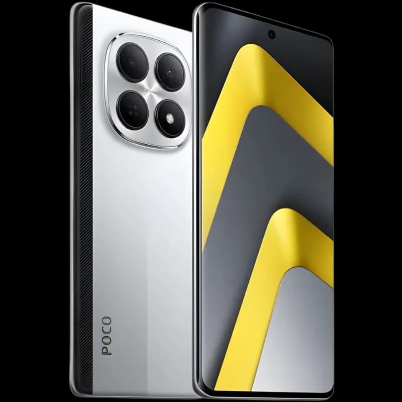 Xiaomi Poco M8 5G plata con triple cámara trasera grande, pantalla curva con agujero central, bordes finos y acabado metálico; 8GB RAM, 256GB almacenamiento