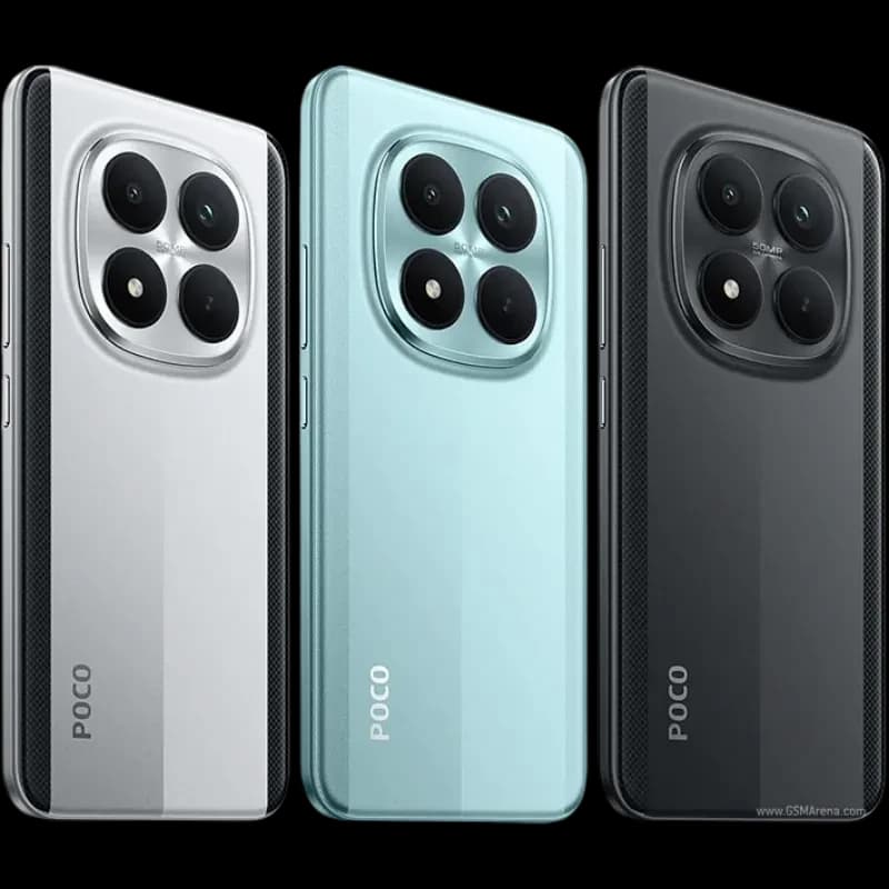 Xiaomi Poco M8 5G 8GB/256GB Plata con triple módulo de cámara circular y acabado metálico, laterales rectos y diseño moderno en tonos plata, azul y negro