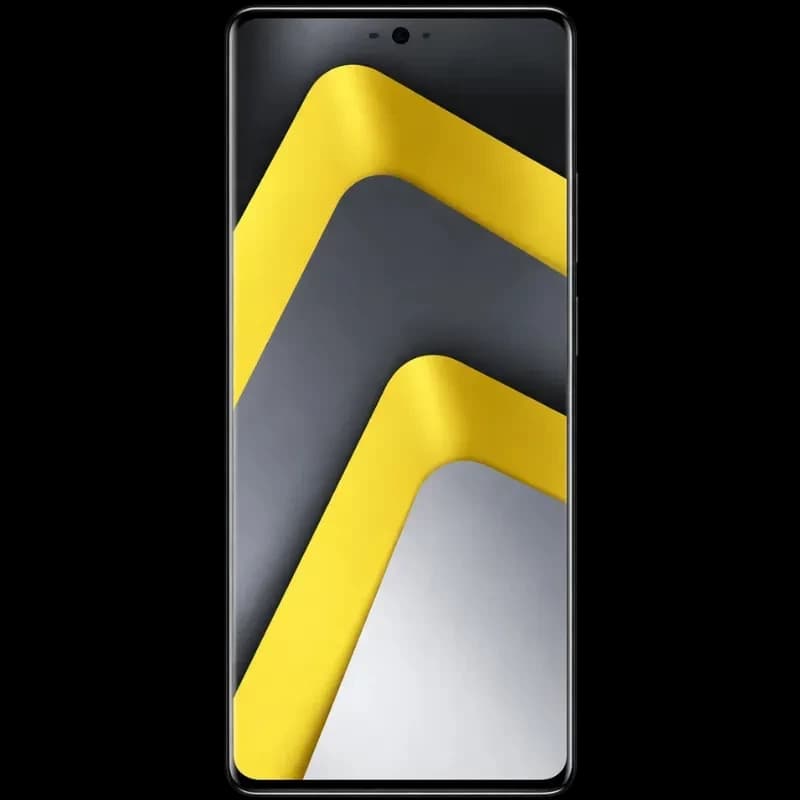 Pantalla completa con biseles finos y cámara frontal centrada en orificio; frontal con patrón en chevron amarillo, gris y negro del Xiaomi Poco M8 5G verde