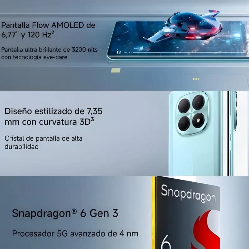 Smartphone verde con pantalla AMOLED 6,77" 120 Hz, brillo de 3200 nits, cuerpo estilizado de 7,35 mm con curvatura 3D y módulo de cámara cuádruple trasero
