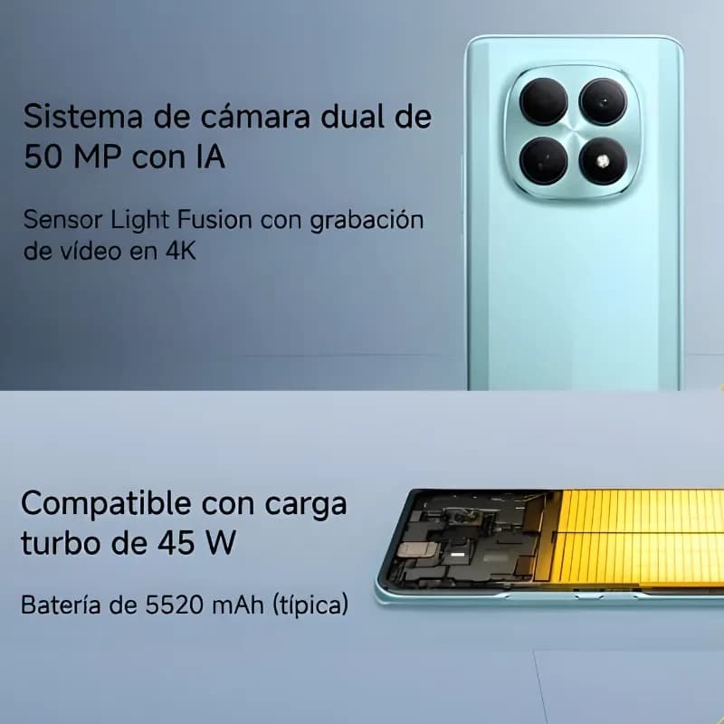 Xiaomi Poco M8 5G verde con triple cámara trasera prominente de 50 MP, módulo grande y acabado mate; destaca batería 5520 mAh y carga rápida 45 W