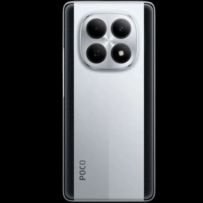 Xiaomi Poco M8 5G plata con módulo trasero de triple cámara grande y flash, acabado metálico pulido y bordes laterales oscuros con textura para mejor agarre