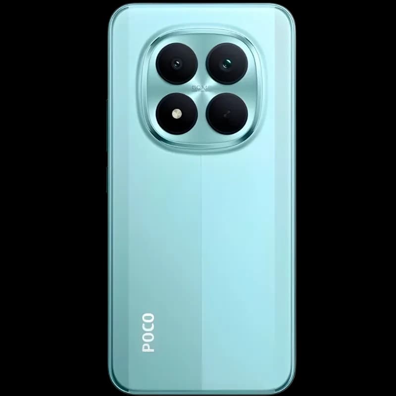 Módulo de cámaras traseras del Xiaomi Poco M8 Pro 5G en color verde menta con cuatro lentes grandes y acabado brillante, logo POCO en la parte inferior