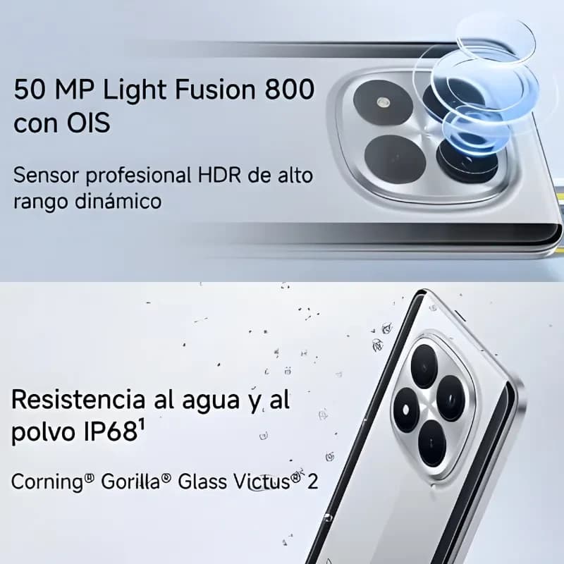 Xiaomi Poco M8 Pro 5G plata con triple cámara y OIS, sensor 50 MP HDR, cuerpo resistente IP68 y vidrio Gorilla Glass Victus 2, 12GB RAM y 512GB almacenamiento