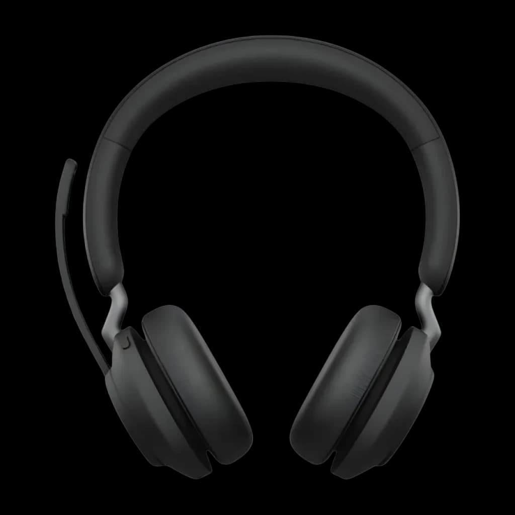 Casque Jabra Evolve2 65 Stereo noir, arceau rembourré, oreillettes circum-aurales, micro boom rabattable à gauche, design épuré professionnel
