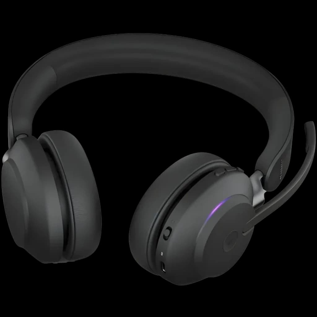 Casque Jabra Evolve2 65 Stereo MS noir avec arceau rembourré, oreillettes circum-aurales, micro perche relevable et LED d état discrète