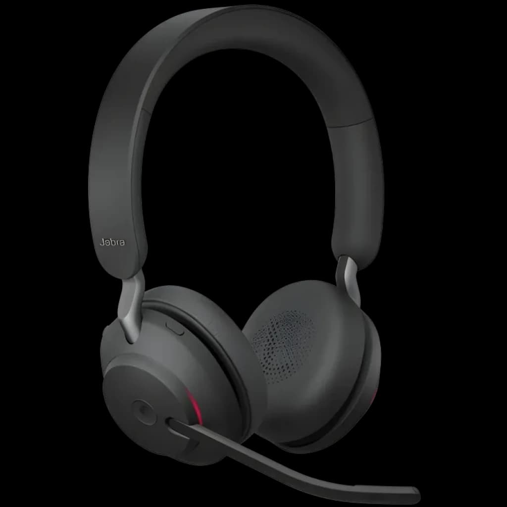 Casque Jabra Evolve2 65 stéréo noir avec micro perche repliable, coussinets supra-auriculaires, arceau rembourré et voyants LED rouges doccupation