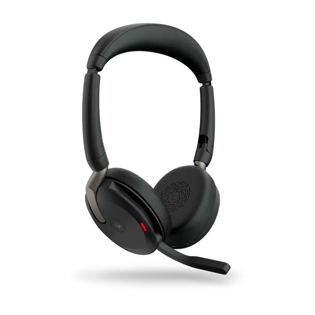 Auriculares Jabra Evolve2 65 Flex estéreos plegables en negro con micrófono, almohadillas acolchadas, base de carga y dongle USB-A UC - Ítem1