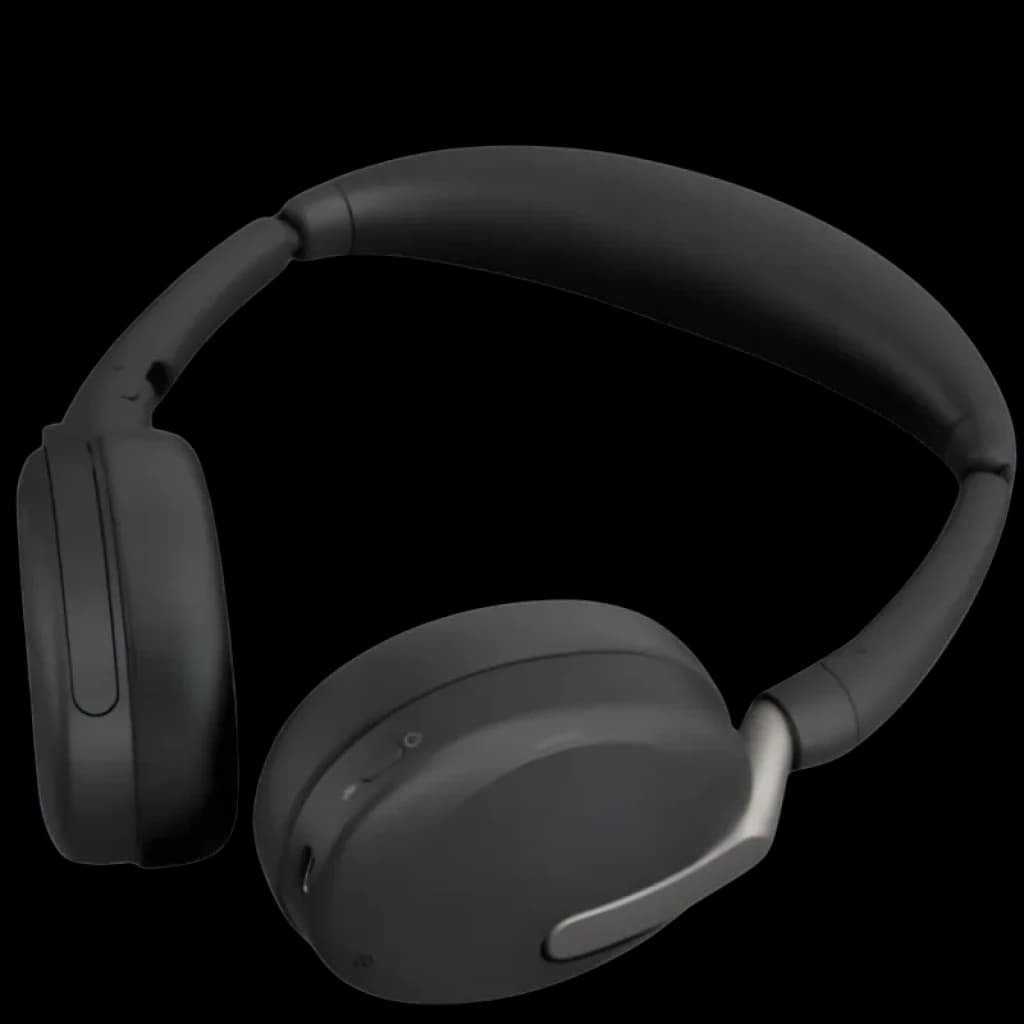 Auriculares de diadema negros con cascos ovalados, diadema acolchada y micrófono integrado discreto; diseño plegable, acabado mate, estilo UC estéreo ANC