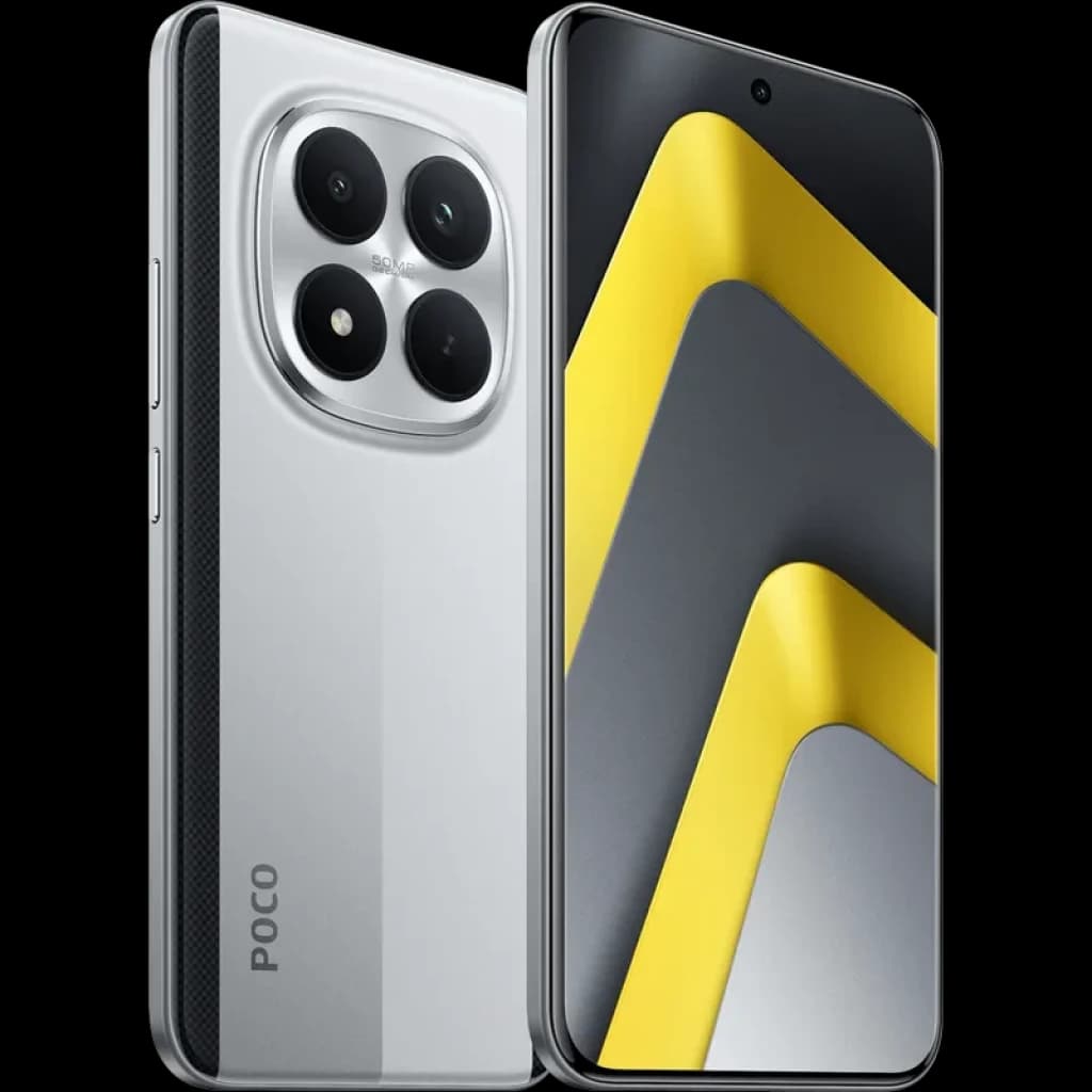 Xiaomi Poco M8 Pro 5G plateado con pantalla perforada, marcos delgados y triple cámara trasera en módulo circular; acabado bicolor con lateral texturizado