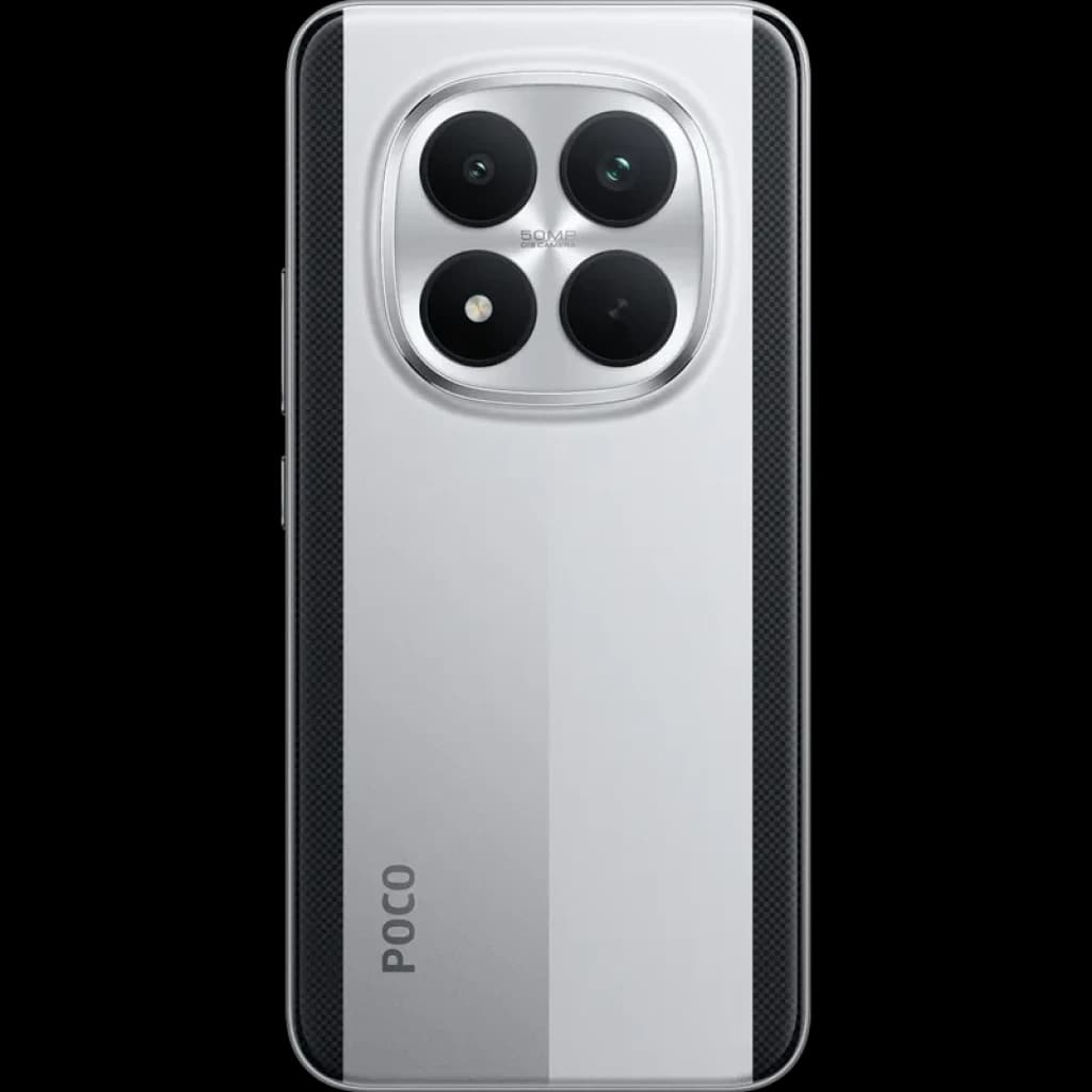 Xiaomi Poco M8 Pro 5G 256GB plata con módulo triple de cámara trasera en isla cuadrada, acabado bicolor metalizado, laterales con botones y detalle POCO