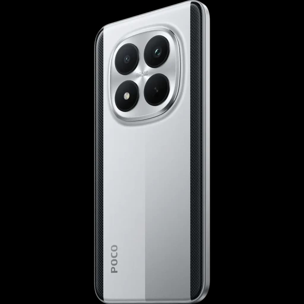 Xiaomi Poco M8 Pro 5G plata con módulo de triple cámara grande, acabado metálico bicolor y marco lateral texturizado; diseño elegante y moderno