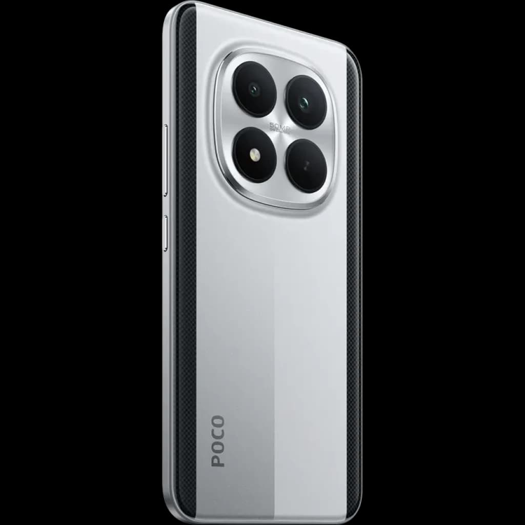 Xiaomi Poco M8 Pro 5G plata con módulo de triple cámara grande, acabado bicolor plateado y bordes texturizados; diseño moderno y premium