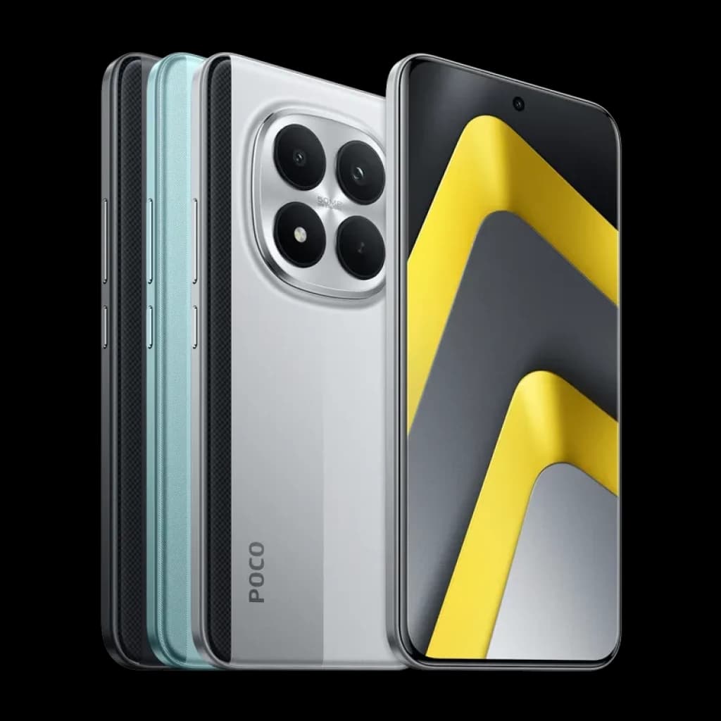 Xiaomi Poco M8 Pro 5G plata con pantalla perforada, marcos delgados y módulo trasero cuádruple circular; borde texturizado y acabado metálico elegante