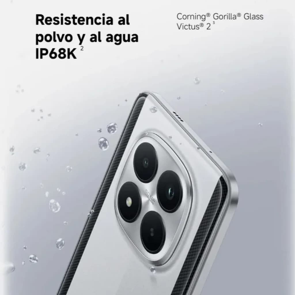 Xiaomi Poco M8 Pro 5G 256GB plata con módulo de cuatro cámaras, acabado metálico y protección IP68K; cristal Corning Gorilla Glass Victus 2 y bordes pulidos