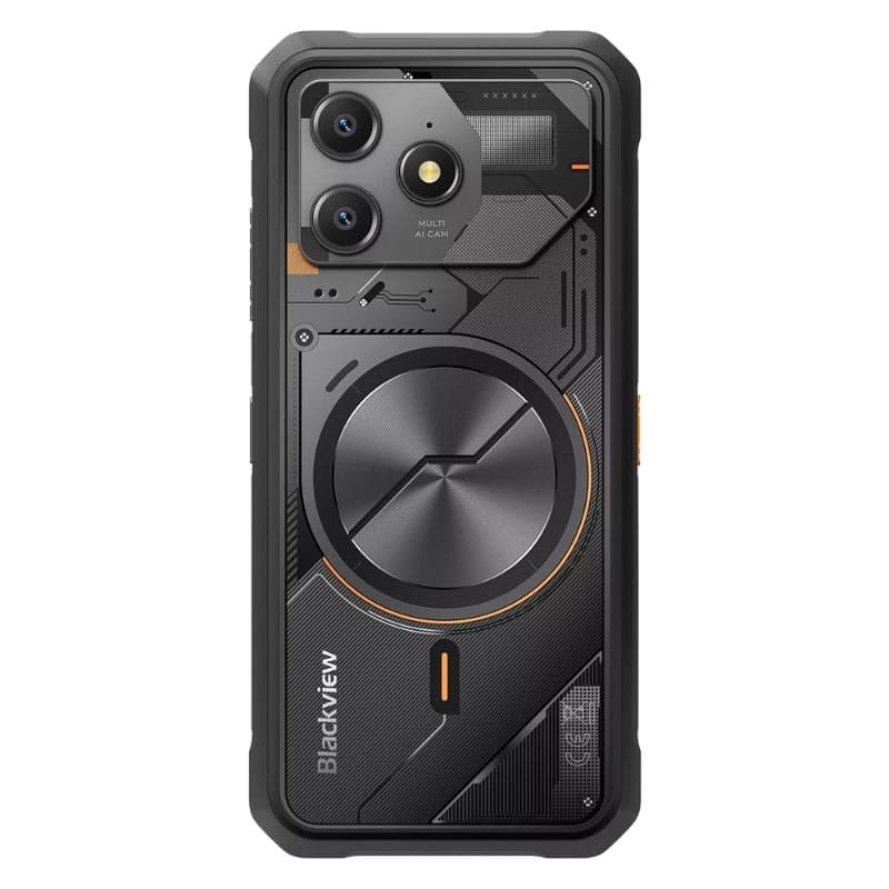 Blackview Fort 100 128GB Negro con diseño Mecha: carcasa robusta, panel trasero industrial con dial central, doble cámara y detalles naranjas resistentes