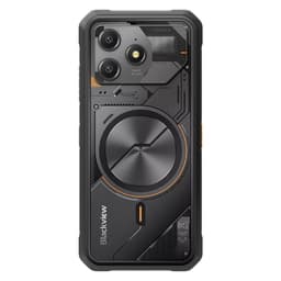 Blackview Fort 100 128GB Negro con diseño Mecha: carcasa robusta, panel trasero industrial con dial central, doble cámara y detalles naranjas resistentes