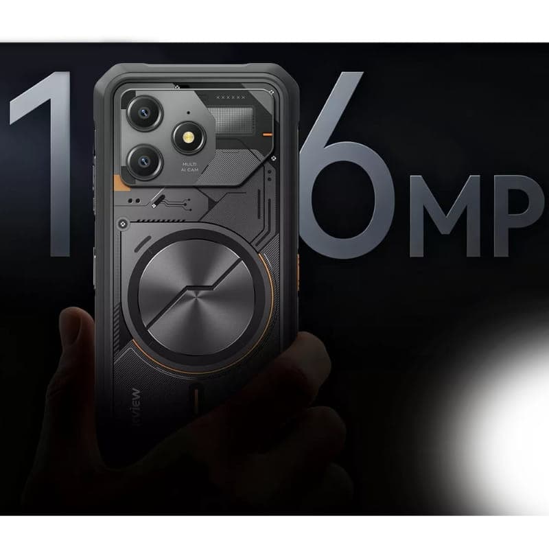 Blackview Fort 100 negro con diseño mecha, carcasa robusta de grado militar, triple cámara destacada y detalles metálicos industriales, 6 GB RAM, 128 GB