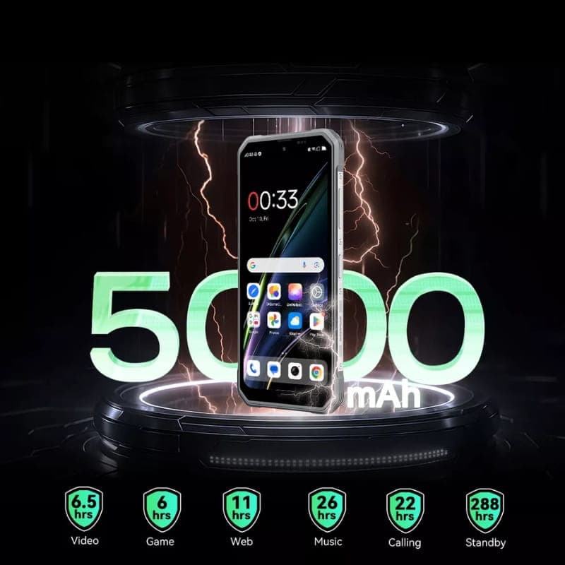 Blackview Fort 100 128GB negro con diseño Mecha, pantalla con biseles reforzados y batería 5000 mAh destacada; iconos indican hasta 26 h de música y 22 h de