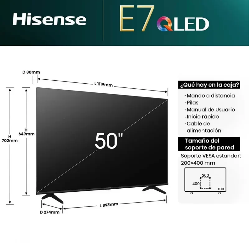 Televisor Hisense 50E79NQ 50 pulgadas QLED 4K con VRR 60 Hz, Dolby Vision Atmos, escalador 4K IA y VIDAA; marco delgado y peanas dobles - Ítem4