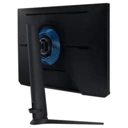 Parte trasera del monitor gaming negro con soporte en V, panel con texturas diagonales y aro azul ventilado alrededor del centro de montaje ajustable