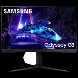 Monitor gaming Samsung Odyssey G3 27 pulgadas, marco delgado, base ajustable en Y, pantalla Full HD con imagen futurista azul destacada en el centro