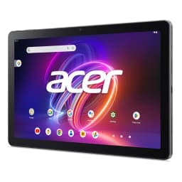 Vue à 45 degrés de l'Acer Iconia Tab P11 avec image illustrative de l'interface Android et du port de chargement USB-C