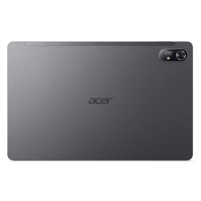 Vue arrière de l'Iconia Tab P11 gris, on peut voir le module de la caméra et le logo de la marque