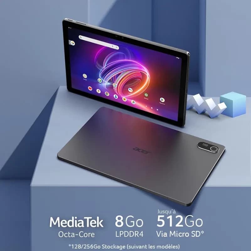 Image illustrative de l'Iconia Tab P11 avec les données relatives au processeur et à la capacité de mémoire